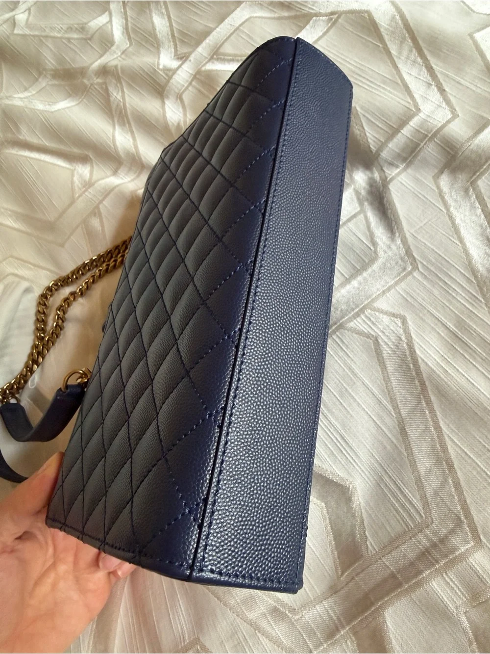 Saint Laurent Quilted Navy Leather Shoulder Bag with Gold YSL Chain